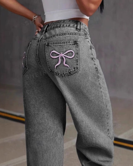 Vintage Bow Embroidered Washed Jeans For Women Straight Loose Trousers