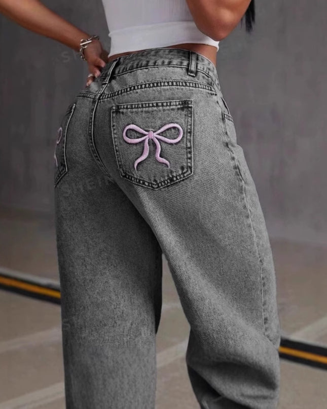 Vintage Bow Embroidered Washed Jeans For Women Straight Loose Trousers