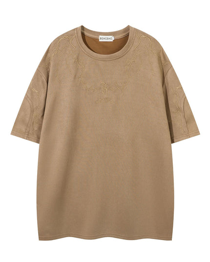 Summer Suede T-shirt Thorn Embroidery Short Sleeve