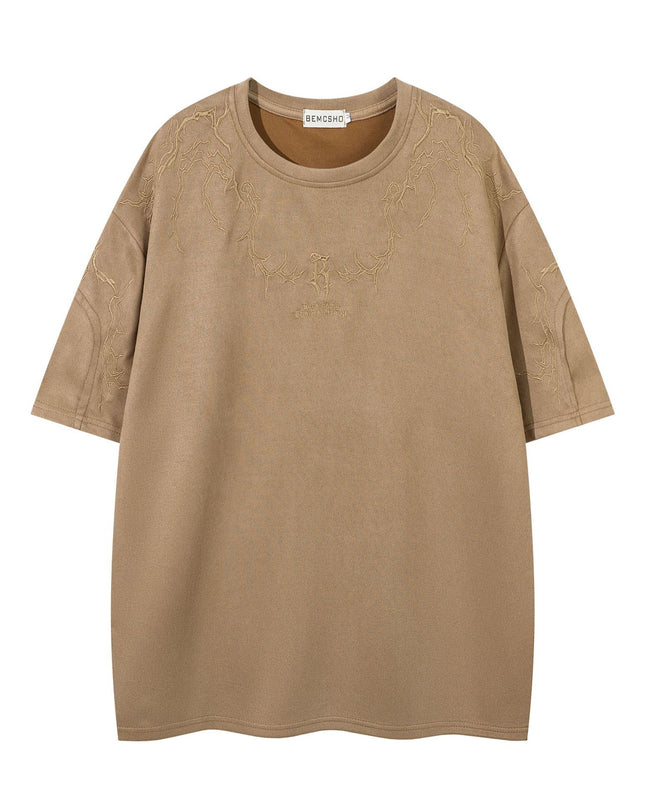 Summer Suede T-shirt Thorn Embroidery Short Sleeve