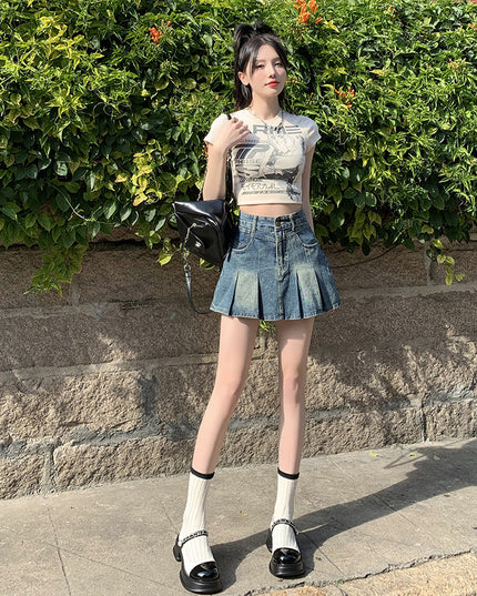 Denim Pleated For Women Summer High Waist Anti-exposure Skirt