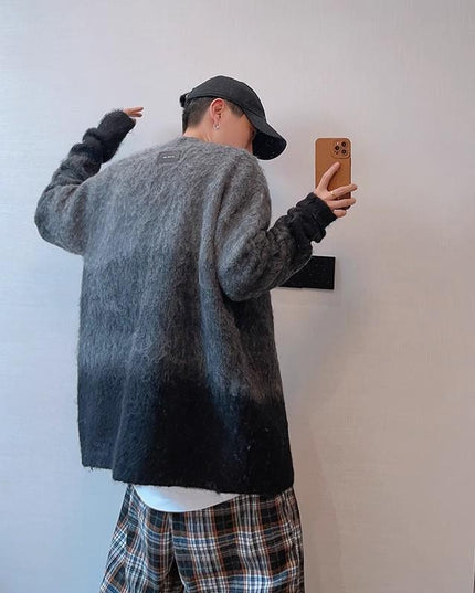 Retro Easy Matching Gradual Change From Black To Gray Brushed Cardigan Without Buckle