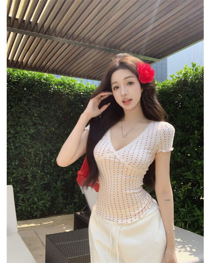 V-neck Lace Leopard-print Slim-fit Short Sleeve Women's Summer