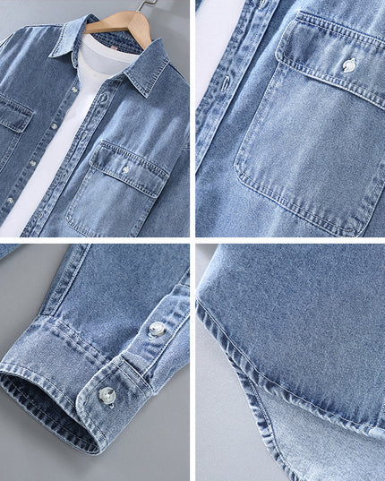 Japanese-style Retro Rewash Double Bag Men's Long Sleeve Light Color Denim Shirt