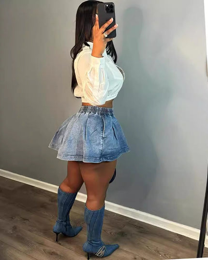 Women's Fashion All-matching Solid Color High Waist Crimp Denim Skirt