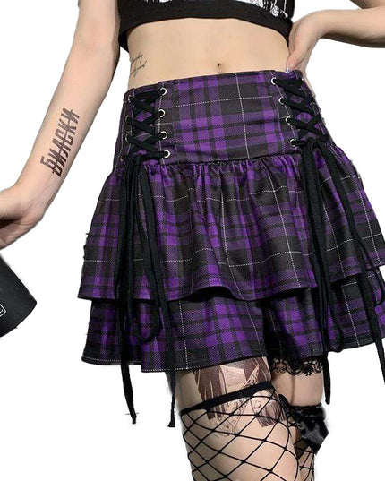 High Waist Layered Plaid Lace-up Corns Mini Skirt