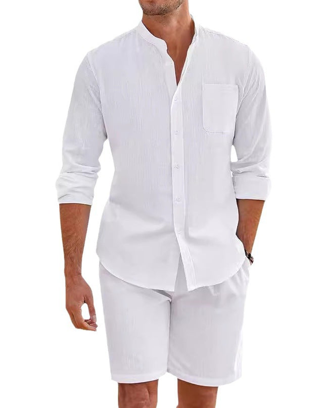 Men's Summer Two-piece Polyester Button Shirt Long Sleeve Shorts