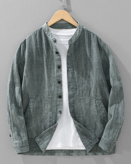 Men's Solid Color Ramie Stand Collar Retro Casual Coat Shirt