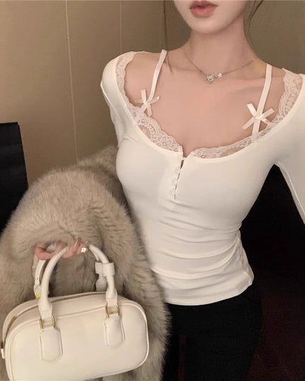 Pure Desire Style Lace Strap Fake Two-piece Dralon Bottoming Shirt For Women