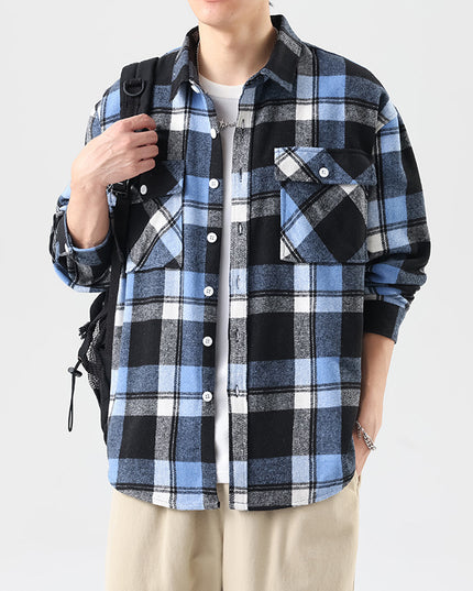 Brushed Plaid Long Sleeve Shirt Men