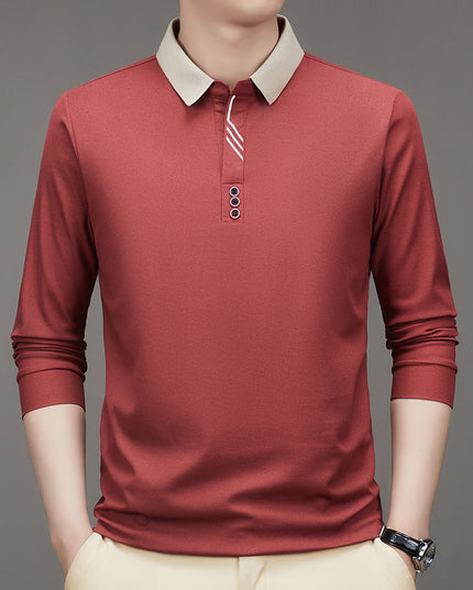 New Men's Autumn Business Fit Solid Color Polo Collar Bottoming Shirt