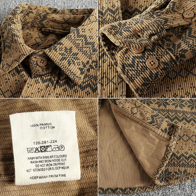 Men's Vintage Totem Printed Washed Corduroy Long-sleeved Shirt