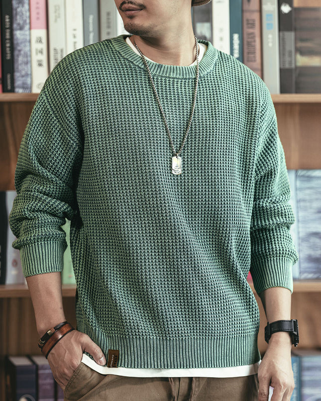 Pineapple Pattern Waffle Thick Needle Washed Round Neck Sweater