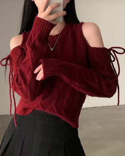 Round Neck Hollow Out Shoulder-baring Lace-up Loose All-match Long-sleeved Sweater Sweater