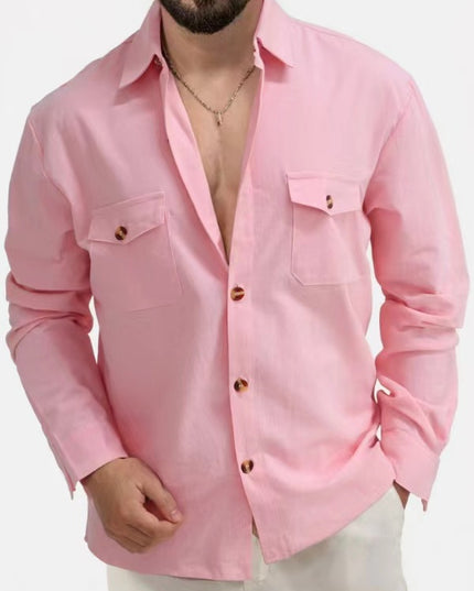 Casual Loose V-neck Solid Color Top Button Chest Pocket Shirt