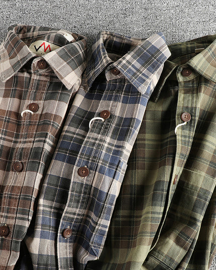 Thick Texture Washed Fashionable Plaid Long-sleeved Shirt For Men