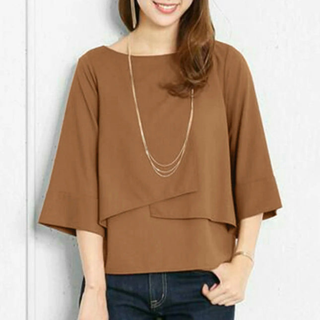 Summer Double-layer Top Casual Round Neck Simple Solid Color Shirt