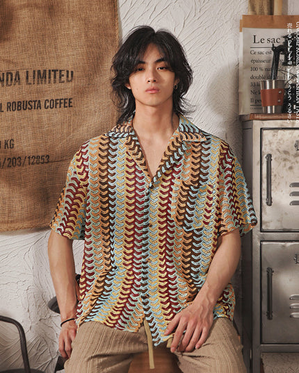 Japanese Style Cuban Collar National Style Hollow Jacquard Color Matching Short Sleeve