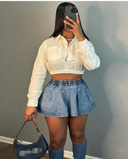 Women's Fashion All-matching Solid Color High Waist Crimp Denim Skirt