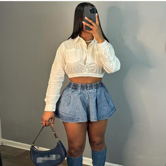 Women's Fashion All-matching Solid Color High Waist Crimp Denim Skirt
