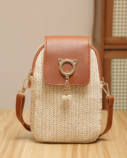 Trendy Straw Mobile Phone Pearl Tassel Bag