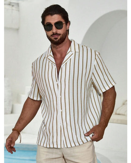 Geometric Contrast Color Striped 3D Digital Printing Short Sleeve Shirt