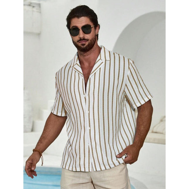 Geometric Contrast Color Striped 3D Digital Printing Short Sleeve Shirt