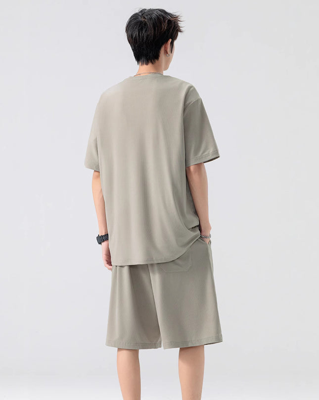 Men's Ice Silk T-shirt Fifth Pants Suit Solid Color
