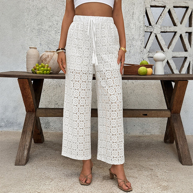 Lace Trousers Summer High Waist See-through Straight-leg Pants Women