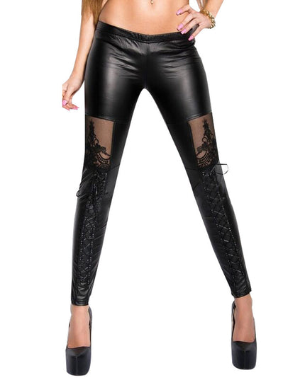Jacquard Lace Stitching Casual Women's Base Leather Pants