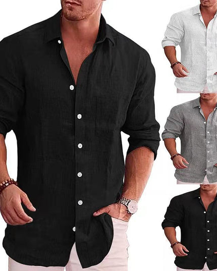 Men's Loose Plus Size Solid Color Shirt Linen Lapel Long Sleeve Casual Shirt