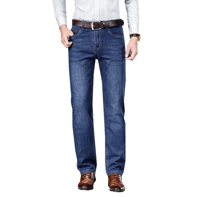 Men’s Loose Straight Business Washed Jeans | Cotton Mid-Waist Straight-Leg