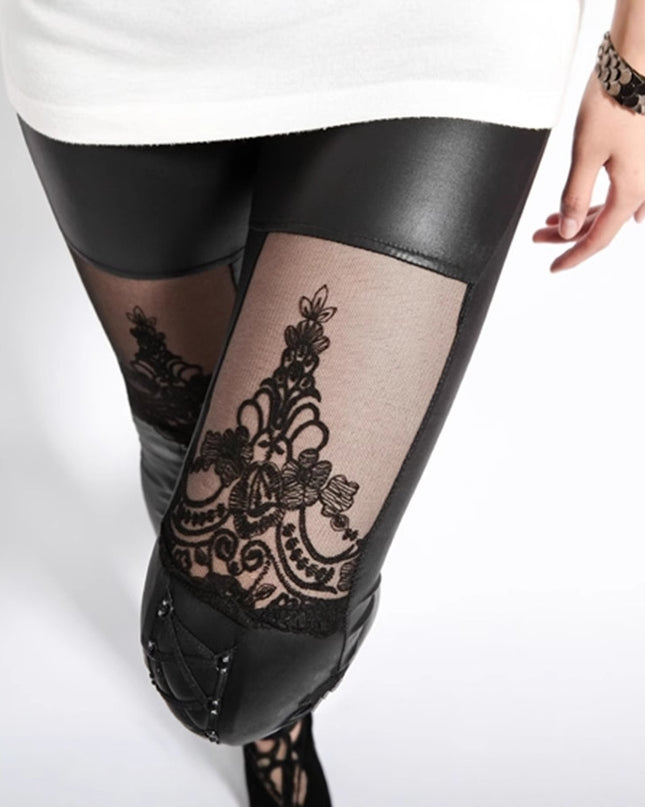 Jacquard Lace Stitching Casual Women's Base Leather Pants