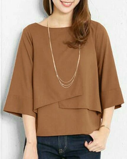 Summer Double-layer Top Casual Round Neck Simple Solid Color Shirt