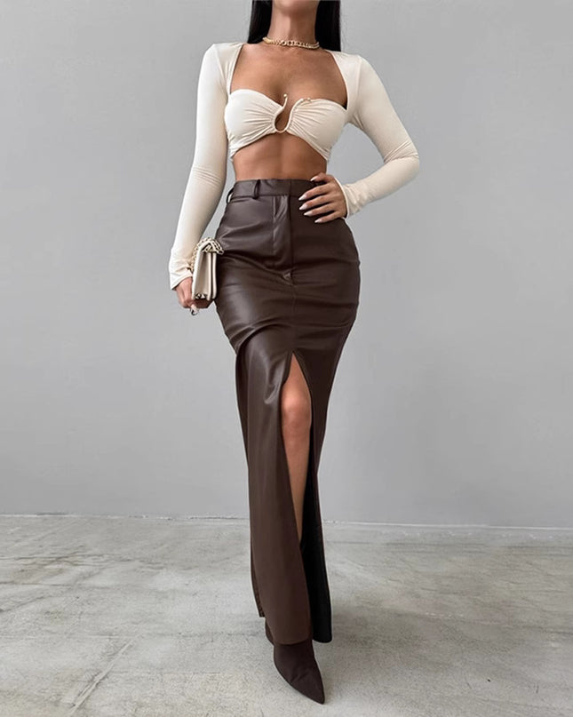 Leather Design Split Solid Color High Waist Simple Skirt