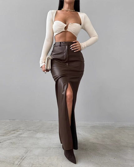 Leather Design Split Solid Color High Waist Simple Skirt