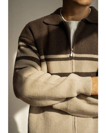 Young Contrast Color Striped Lapel Sweater Men's Casual Zipper