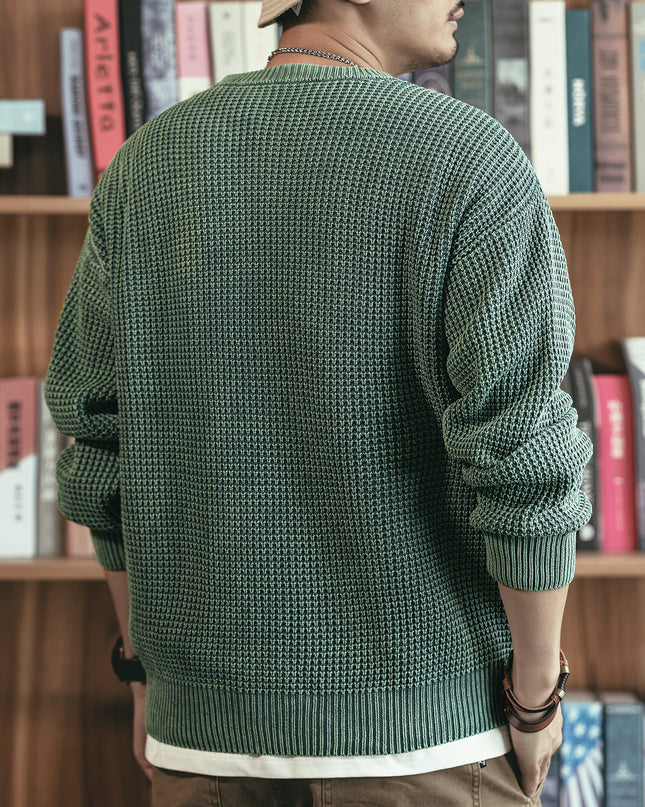 Pineapple Pattern Waffle Thick Needle Washed Round Neck Sweater