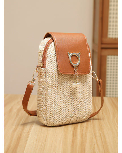 Trendy Straw Mobile Phone Pearl Tassel Bag
