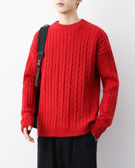 Men's Thick Solid Color Loose Round Neck Twisted Twisted Sweater