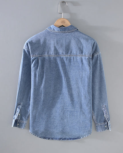 Japanese-style Retro Rewash Double Bag Men's Long Sleeve Light Color Denim Shirt