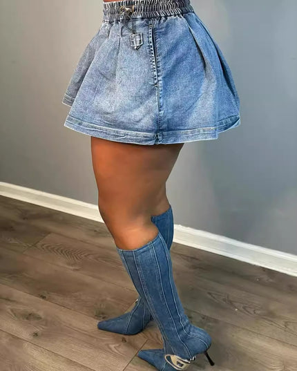 Women's Fashion All-matching Solid Color High Waist Crimp Denim Skirt