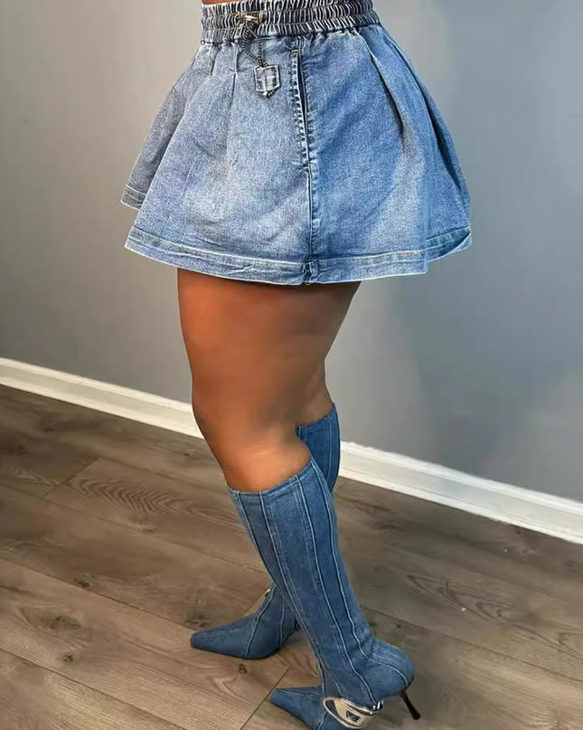 Women's Fashion All-matching Solid Color High Waist Crimp Denim Skirt