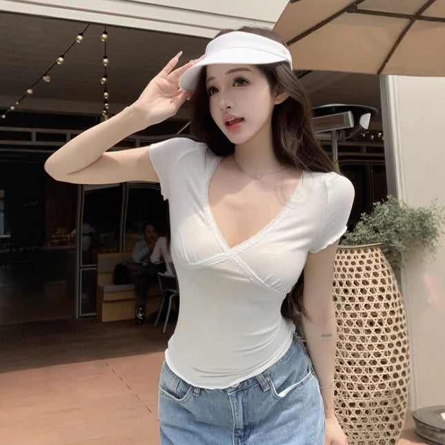 V-neck Lace Leopard-print Slim-fit Short Sleeve Women's Summer