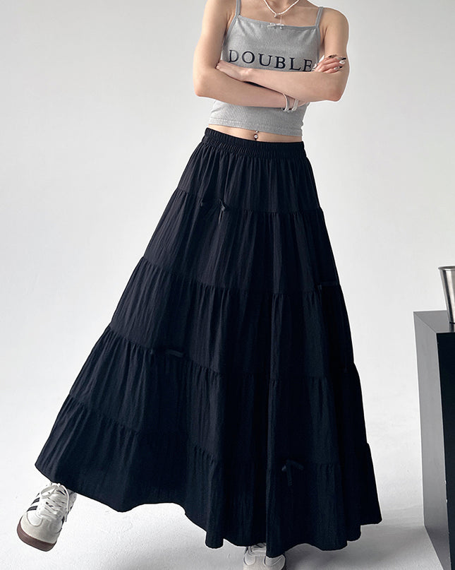 High Waist Retro Loose Bow Temperament Mid-length A- Line Skirt