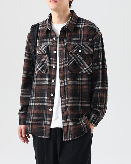 Brushed Plaid Long Sleeve Shirt Men