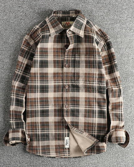 Thick Texture Washed Fashionable Plaid Long-sleeved Shirt For Men