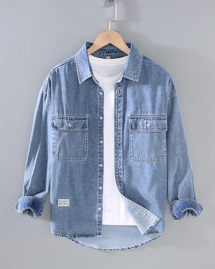Japanese-style Retro Rewash Double Bag Men's Long Sleeve Light Color Denim Shirt