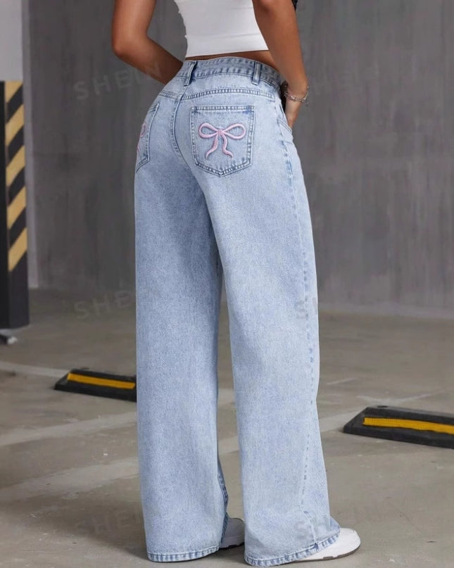 Vintage Bow Embroidered Washed Jeans For Women Straight Loose Trousers