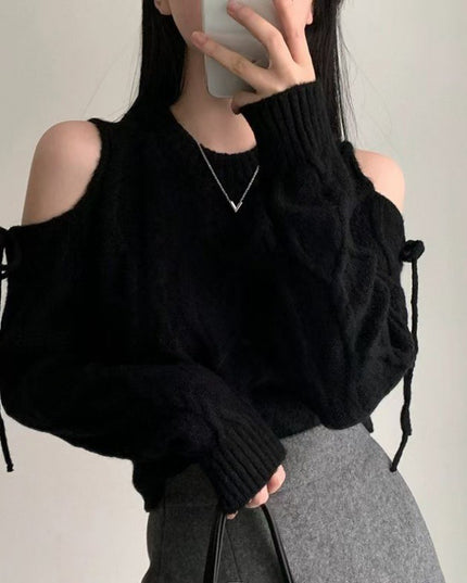 Round Neck Hollow Out Shoulder-baring Lace-up Loose All-match Long-sleeved Sweater Sweater